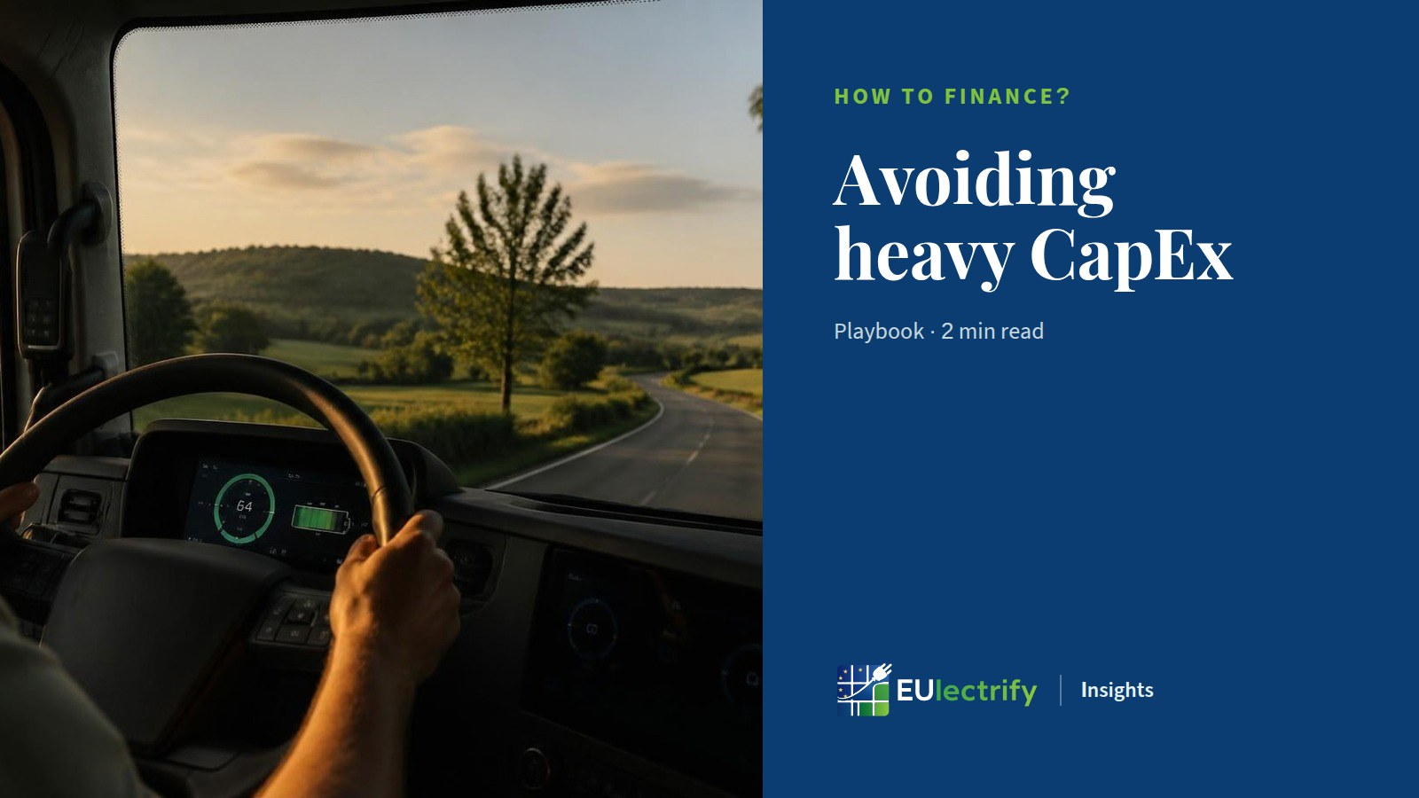 Cover: view from the cab of an electric truck on a country road, battery display on the dashboard